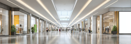 Bright central area of a contemporary mall with glowing white space, shops lining the hallway, and people strolling and shopping throughout the day.の素材
