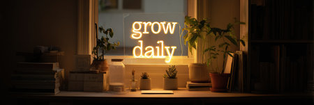 A cozy workspace features a grow daily neon sign glowing softly, surrounded by small plants and books, creating a serene atmosphere during the evening.の素材
