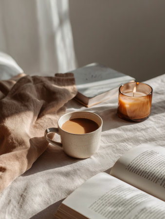 A cozy desk features a cup of tea, an open book, and a softly glowing candle, creating a tranquil atmosphere for reading and relaxation in the morning lightの素材