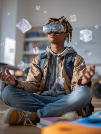 Student experiences interactive lessons with floating augmented reality applications while seated on the floor of a modern classroom.の素材