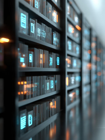 Innovative library features digital shelves illuminated with glowing book icons, offering a unique and modern approach to reading and knowledge access.の素材