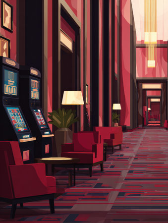 Sophisticated casino lobby features vibrant colors, plush seating, and gaming machines creating an inviting and luxurious ambiance suitable for entertainment.の素材