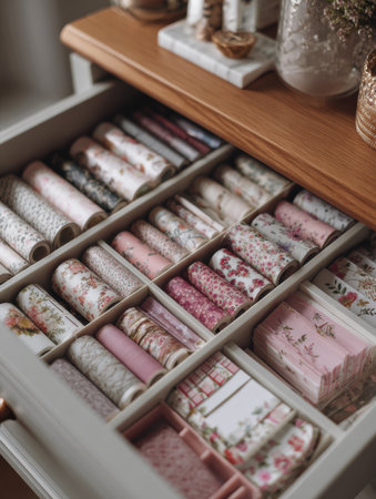 Neatly organized stationery sits in an open drawer, featuring decorative rolls and blank space, ideal for crafting and personal projects.の素材