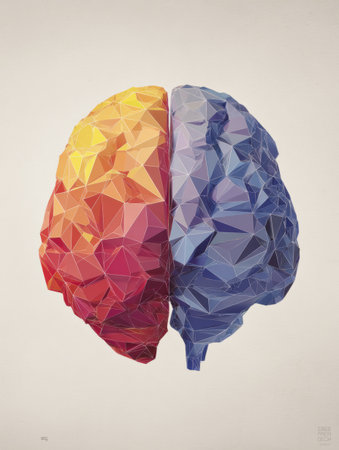 Colorful geometric shapes form a unique low-poly representation of a human brain against a neutral backdrop, emphasizing creativity and abstract design.の素材