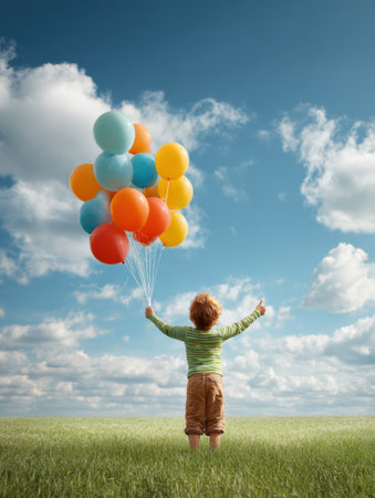 A child stands in an expansive field, joyfully holding a cluster of colorful balloons, seemingly lifted by their ideas towards the bright sky above.の素材