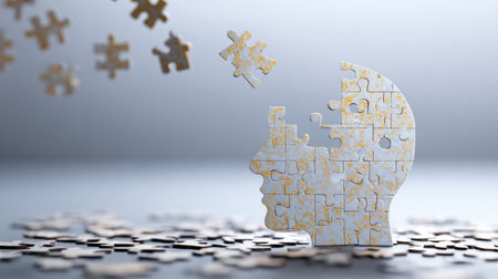 Puzzle pieces form the silhouette of a human head, with one piece floating above, creating a sense of incompletion and reflection on identity.の素材