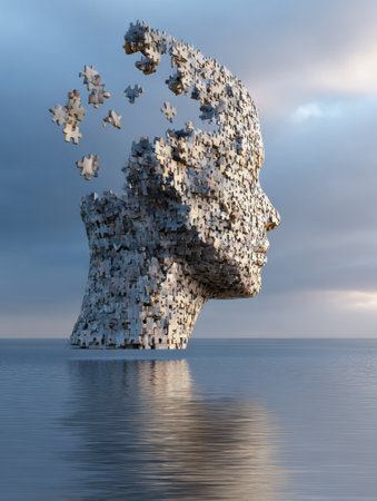 A composed head of interlocking puzzle pieces hovers gracefully above serene waters, with one piece missing, creating a thoughtful visual narrative.の素材