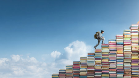 A student climbs a staircase constructed of stacked books, symbolizing their ascent toward success under a vast blue sky with fluffy clouds.の素材