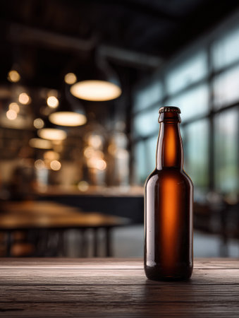 Craft beer bottle sits elegantly in a spotlight against a blurred brewery backdrop, creating an inviting atmosphere with soft lighting.の素材