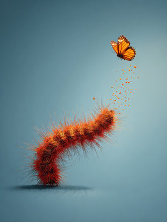 A vibrant caterpillar morphs into a butterfly, representing the journey of transformation and growth while surrounded by a clean background.の素材