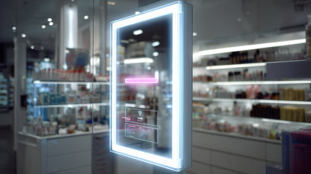 Interactive mirror features a glowing advertisement interface within a modern beauty store, inviting customers to explore various products and offers.の素材