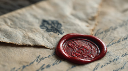Close view of an antique letter with a red wax seal labeled fake, capturing the essence of traditional scam mail and showing its unique details.の素材