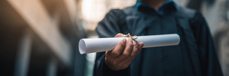 Individual presents counterfeit diploma, symbolizing deceptive practices in job applications within a city environment during daylight hours.の素材