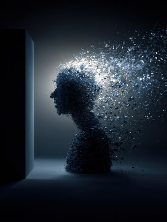 A figure emerges from a cube, symbolizing the escape from limited thoughts into a world filled with new ideas and creative possibilities.の素材