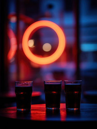 Three glasses of beer emit a warm glow under vibrant neon light, captured in a cozy atmosphere during a nighttime gathering.の素材