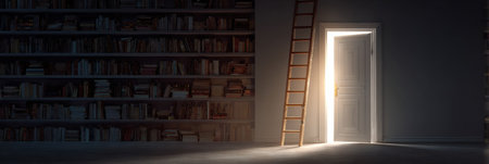 A ladder stretches from a towering stack of books to a softly glowing door in the corner of a dimly lit room, inviting exploration and discovery.の素材
