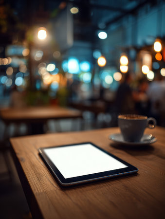 A high-res tablet on a wooden cafe table glows as a coffee cup waits in a cozy evening setting with ambient lighting.の素材