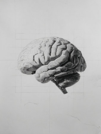 A detailed pencil sketch of a brain gradually transitioning into a 3D form, with the side zone remaining empty, highlighting artistic evolution over time.の素材