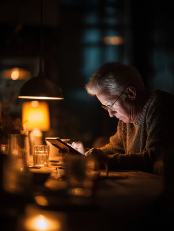 Under warm focuses lamp light, a senior individual on a digital tablet, exploring new knowledge and learning opportunities in a relaxed evening setting.の素材