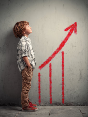 Child stands confidently by a wall marked with an upward trend chart, symbolizing growth and success in personal development or achievements.の素材