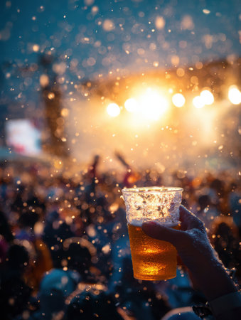 Crowd enjoying a concert as foamy pint is held up, illuminated by bright lights in a festive outdoor setting during the performance.の素材