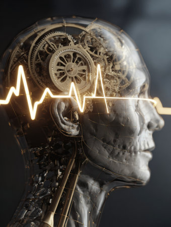 Clockwork gears rotate inside a transparent head, perfectly aligned with a glowing heartbeat, creating an intriguing fusion of technology and life.の素材