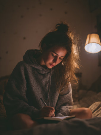 A young woman sits comfortably in a cozy room, writing in her journal under warm lamp light, creating a soothing atmosphere for self-reflection.の素材