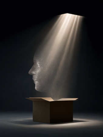 A toolbox representing mental health is opened, allowing a soft light to illuminate it, symbolizing hope and self-discovery in a dark environment.の素材