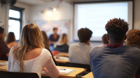Group of students in a classroom actively participating in a presentation practice while focused on their peers and instructor at the front of the roomの素材
