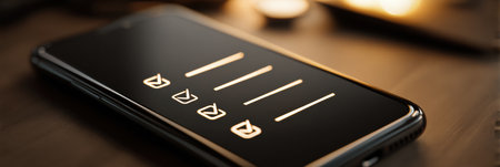 A smartphone shows a self-improvement app interface featuring glowing checklists focused on achieving personal productivity in a modern workspace.の素材