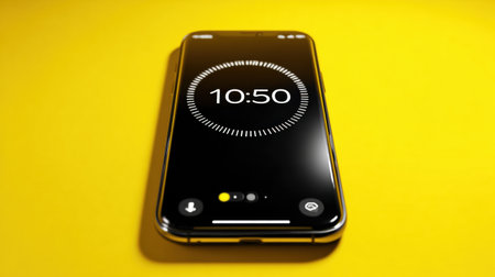 A smartphone showcases a study timer app with a glowing yellow background, highlighting the current time as 1050 for effective time management.の素材
