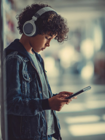 A student with curly hair and headphones intently uses a tablet, surrounded by a blurred background, emphasizing their concentration and commitment to learning.の素材