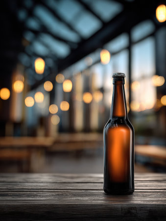 Craft beer bottle stands in spotlight against a blurred brewery backdrop, showing its design while the upper space remains empty and open.の素材