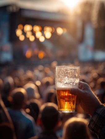 A foamy pint is raised high among an excited festival crowd, illuminated by warm sunlight, creating a vibrant and lively atmosphere.の素材
