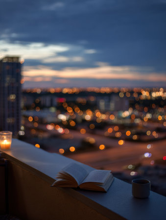 Enjoying a peaceful evening on a balcony, reading a book with city lights illuminating the skyline as dusk falls, accompanied by a warm drink.の素材