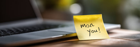 A bright workspace features an open laptop with a sticky note beside it, displaying a motivational quote, creating an inspiring atmosphere for productivity.の素材