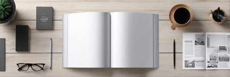 A clean white page in an open magazine showcases space for ad placement, surrounded by office essentials like a pen, coffee cup, and glasses on a desk.の素材