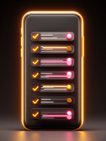 Brightly lit smartphone showcases a self-improvement app dashboard featuring glowing checklists that indicate task completion and personal growthの素材