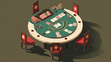 Casino table showcases a clean layout with dealt cards, colorful chips, and empty chairs in a well-organized gambling environmentの素材