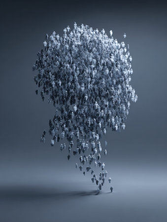 A network of diverse people icons is arranged to form a brain shape in three-dimensional space, symbolizing collaboration and shared knowledge with open edges.の素材