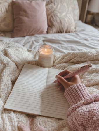 A young adult reflects and writes down goals in a cozy bedroom. Soft lighting from a candle enhances the serene atmosphere while journaling on a clean bed.の素材