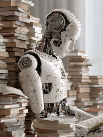 A neural AI machine reads intently, surrounded by stacks of books and open notebooks in a cozy study environment filled with knowledge.の素材