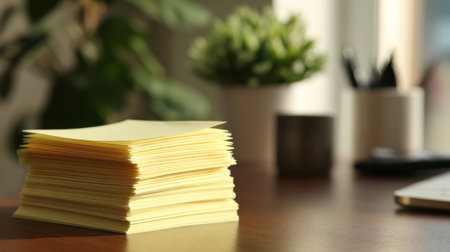Flashcards laid out in a grid pattern on a desk, surrounded by a softly blurred background that includes plants and office supplies.の素材
