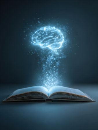An open book displays a luminous brain-shaped hologram emerging from its pages, representing the fusion of knowledge and technology in a dark setting.の素材