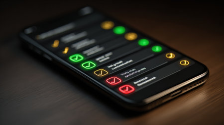 A smartphone displays a self-improvement app interface featuring various checklists with glowing indicators, creating a modern and engaging user experience.の素材
