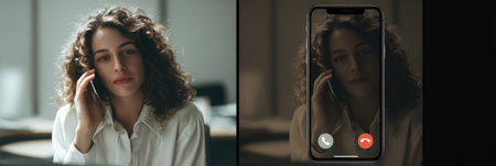 A woman is focused on her phone, engaging in a voice deepfake call simulation in a dimly lit office as daylight fades outside the window.の素材