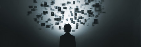 A silhouette stands in a dimly lit area, with various identity theft symbols floating ominously around.の素材