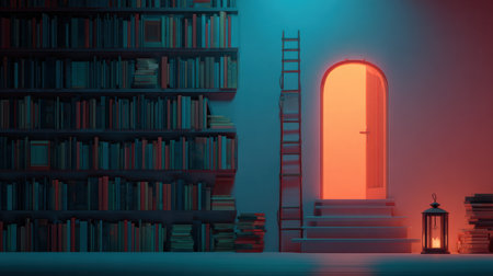 A ladder leans against a towering stack of books, leading to a glowing door emanating warm light in a quiet, cozy room filled with literature.の素材