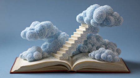 An open book displays stairs leading into fluffy clouds shaped like brains, representing the exploration of thoughts and ideas in a minimalist layout.の素材