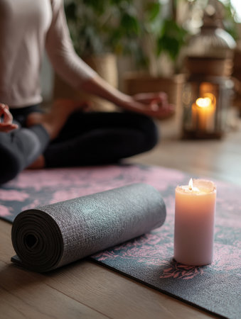 Meditation session by a student on a yoga mat, accompanied by a lit candle, fostering tranquility before an upcoming study period in a peaceful setting.の素材